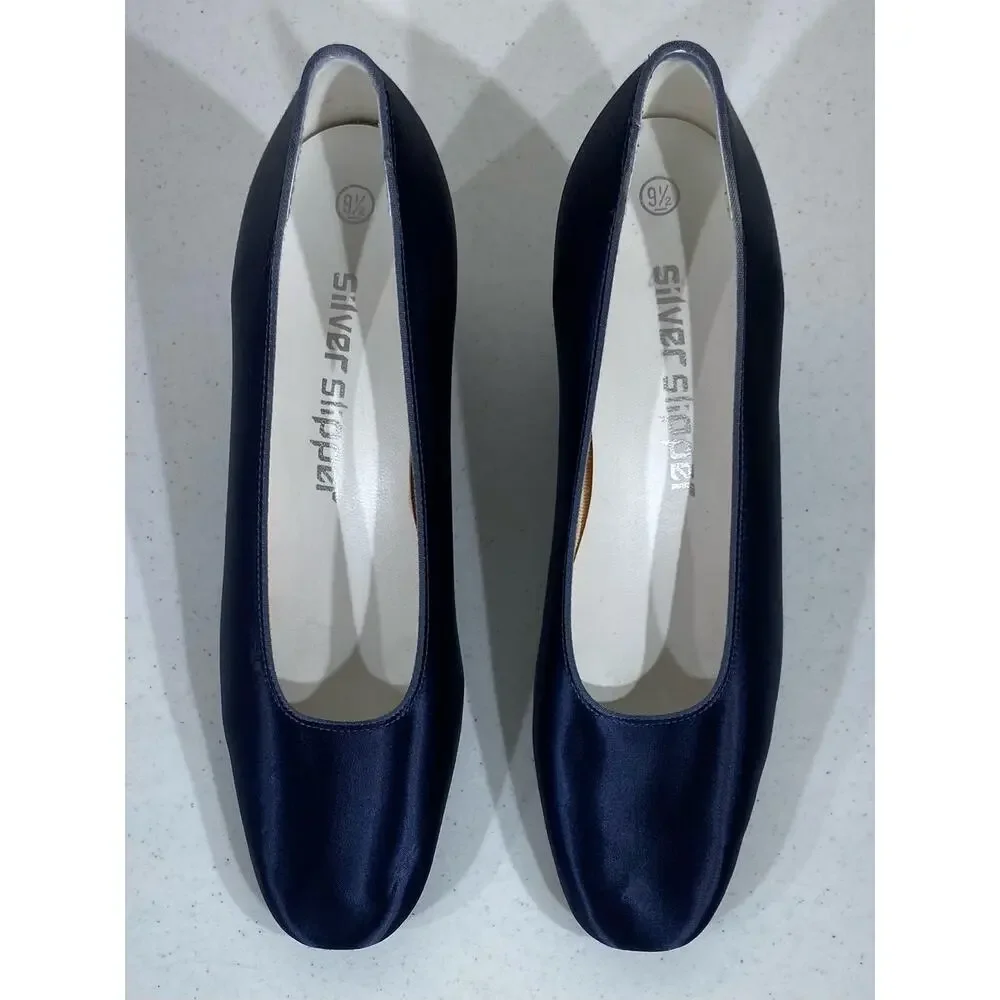 Coloriffics Silver‎ Slipper Vintage Navy Blue Satin Block Heels Womens Size 9.5